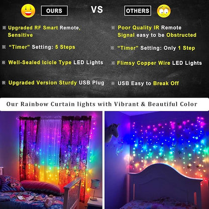 Rainbow Fairy String Curtain Lights with Remote, Twinkle LED Ombre Light Curtain for Girls Room, Bedroom, Teen Room, Kid's Room, Unicorn Theme, Party, Christmas Décor Gift (Rainbow)