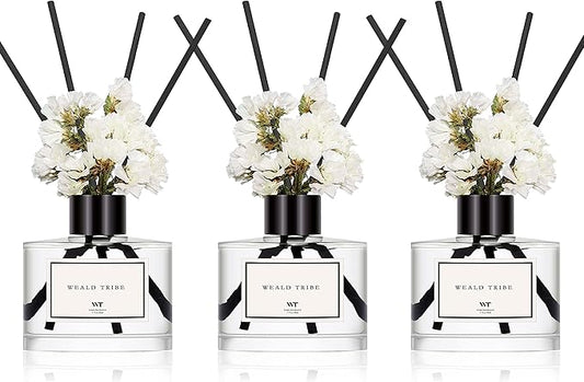 WEALD TRIBE Real Flower Reed Diffuser Set of 3 for Bathroom Air Fresheners, Oil Defusers | Fresh Linen/Ocean/Eucalyptus & Mint Scent(1.7 fl oz Each Pack) Home Fragrance with 12 Stick | Shelf Decor