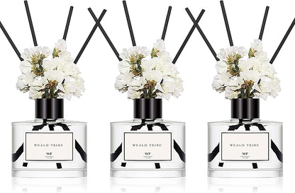 WEALD TRIBE Flower Reed Diffuser Set of 3 for Bathroom Accessories Shelf Decor & Air Fresheners, Stick Defusers | Velvet Vanilla, Hotel White Tea, Tahitian Crown Flower Scent(1.7oz/Pack) Office Gift