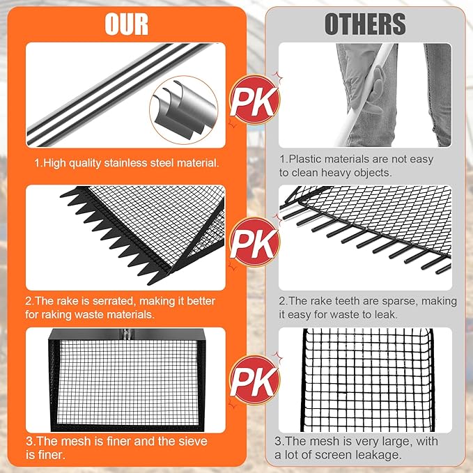 Chicken Poop Scooper and Rake with Ergonomic Handle, 2 in 1 Large Metal Chicken Coop Scoop for Poop with Adjustable Stainless Steel Pole, Sand Sifting Shovel for Chicken Coop Accessories-Mewly Pet