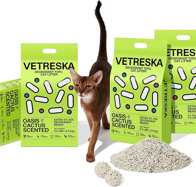 VETRESKA Tofu Cat Litter, Natural Strong Clumping Flushable Litter Pellets, Ultra Water Absorbent Deodorant Tofu Litter, Dust-Free Low Tracking Cat Litter, Cactus(5.5lb×4bags)-Mewly Pet