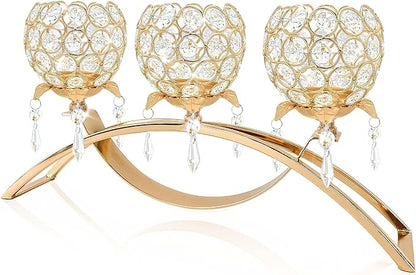 Set of 3 Gold Crystal Tea Light Candlestick Holders Flower Shape with Crystal Pendant Bowl Votive Metal Candle Holder for Table Centerpieces Wedding Home Decor (Gold, 3 arm)