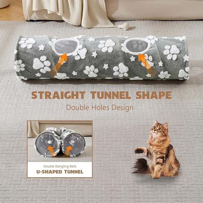 Straight Cat Tunnel for Indoor Cats 47"x12", Cute Cat Toys Collapsible Tunnel Tube with Balls for Puppy Kitten Rabbit, Grey Paw-Mewly Pet