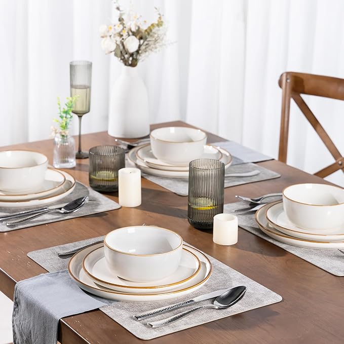 GBHOME Ceramic Dinnerware Sets for 4, 12 Pieces Stoneware Plates and Bowls Sets, Scratch Resistant Dishes, Dishwasher & Microwave Safe, Reactive Glaze-White-Mewly Pet