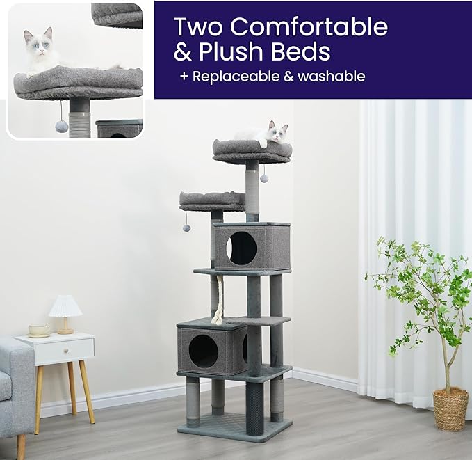 Catry® Stella 7-Level 67.5” Linen & Quilted Velvet Cat Tree with Recycled Paper Scratchers, Two Condos, Removable Beds, Toys, Easy to Clean, Ideal for Large Cats and Multi-Cat Homes (Zinc Gray)-Mewly Pet