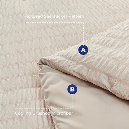 HYMOKEGE Beige Oversized Queen Comforter Set Seersucker 7 Pieces, All Season Luxury Bed in a Bag for Bedroom, Bedding Set with Comforter, Sheets, Pillowcases & Shams