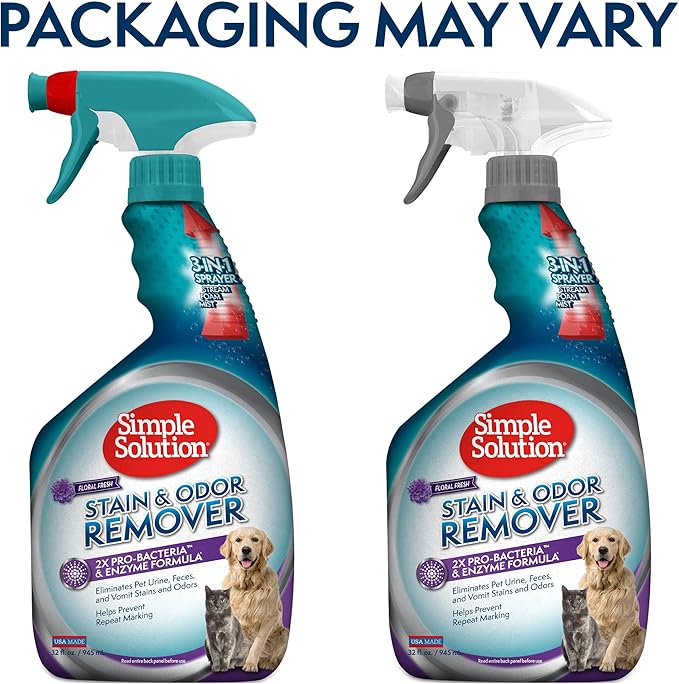 Simple Solution Stain and Odor Eliminator Spray for Dogs & Cats, Enzyme Cleaner With 2X Pro-Bacteria Cleaning Power, Strong Smell Remover for Carpets, Upholstery & Floors, Floral Fresh Scent, 32 oz-Mewly Pet