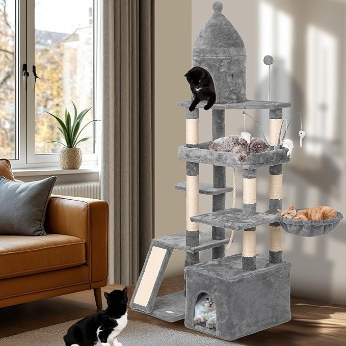 Large Cat Tree Tower for Large Cats, Cat Scratching Post, Self Grooming Post, Interactive Cat Toys, Oversized Perch and Basket, Heavy Duty 72", Light Grey-Mewly Pet