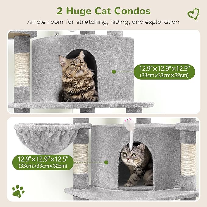 Globlazer Corner Cat Tree for Large Cats, 66inch Tall Curved Series Large Cat Tower for Multiple Indoor Cats with 6 Scratching Posts, 2 Spacious Cat Condos, Hammock, Hanging Basket, C66, Light Grey-Mewly Pet