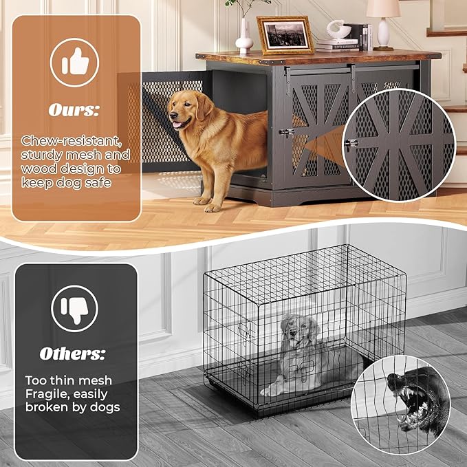 VOPEAK 43.3" XL Dog Crate Furniture, Chew Resistant Dog Crate for Medium Large Dogs, Heavy Duty Extra Large Dog Crate Dog Kennel Indoor with Double Doors, Wooden End Table for Living Room, Black-Mewly Pet