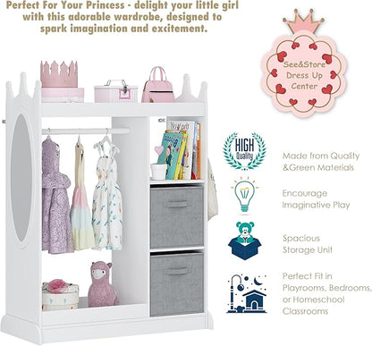 UTEX Kids Play Armoire with Mirror, Storage Bins and Closet for Dress Up and Costumes (White)