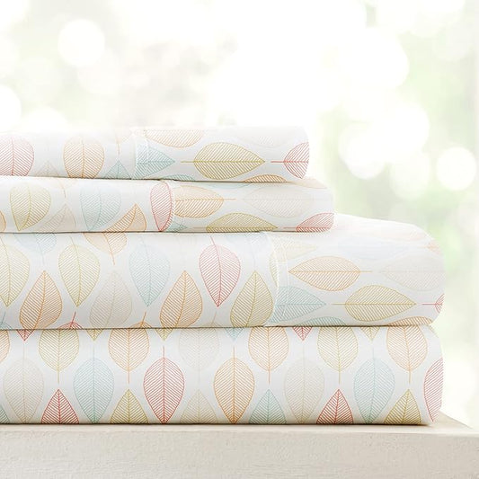Linen Market 4 Piece King Sheet Set - Breathable, Double-Brushed Patterned Cooling Sheets – Oeko-TEX Certified Ultra Soft & Wrinkle-Free 16" Deep-Pocket King Sheets - Easy Care Fall Foliage Yellow