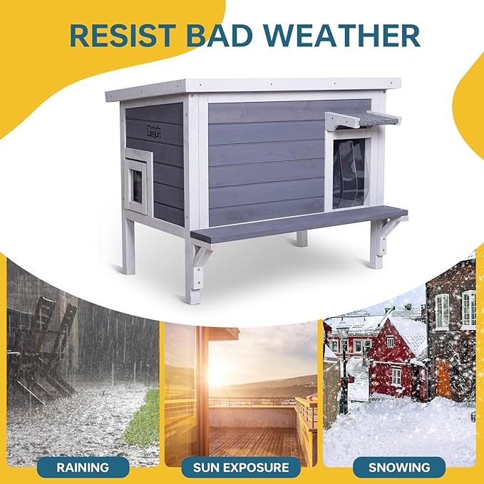 GEGURI Insulated Cat House Outdoor Weatherproof Feral Cat Shelter for Winter Large Wooden Enclosure with Escape Door-Mewly Pet