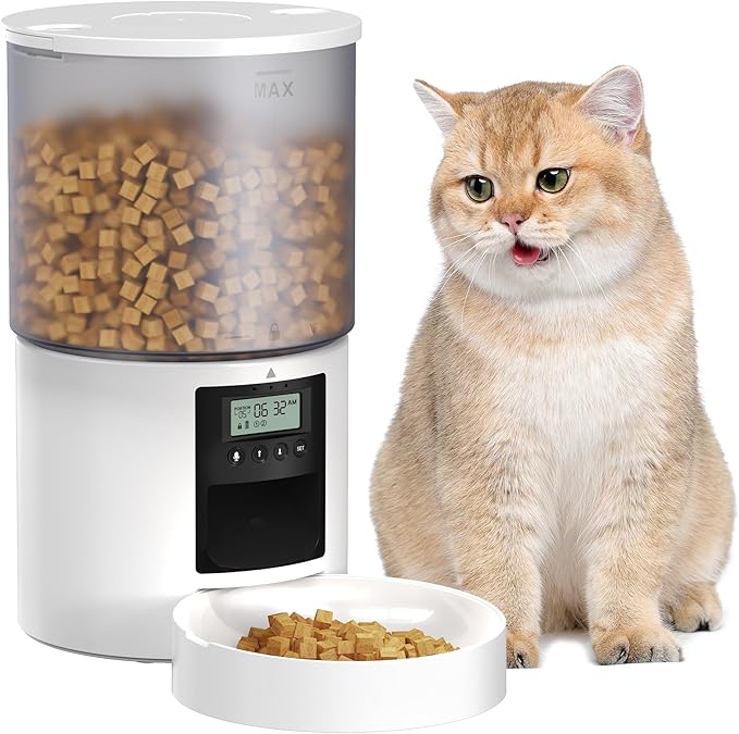 Automatic Cat Feeder Food Dispenser: 4L Timed Small Dog Dry Food Dispenser with 10s Voice - Distributeur Nourriture Chat Hund Programmable - Auto Pet Feeder with 1-6 Meals White-Mewly Pet