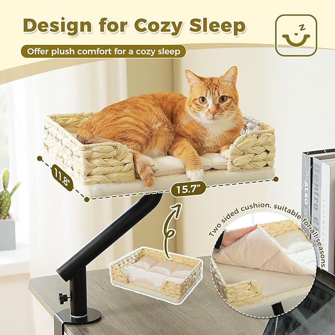 PAWZ Road Cat Desk Bed for Indoor Cats, Wicker Cat Bed for Desk Supports Up to 50 lbs, 360° Rotation & Adjustable Soft Plush Cats Hammock for Desktop, White-Mewly Pet