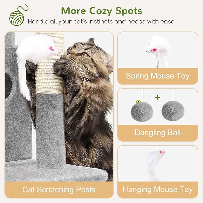 Globlazer Cat Tree Tower for Indoor Cats, 50-inch Adult Cat Tree House for Large Adult Cats with Steps, Scratching Post, 2 Cat Caves, Dangling Toys, FC50, Light Grey-Mewly Pet