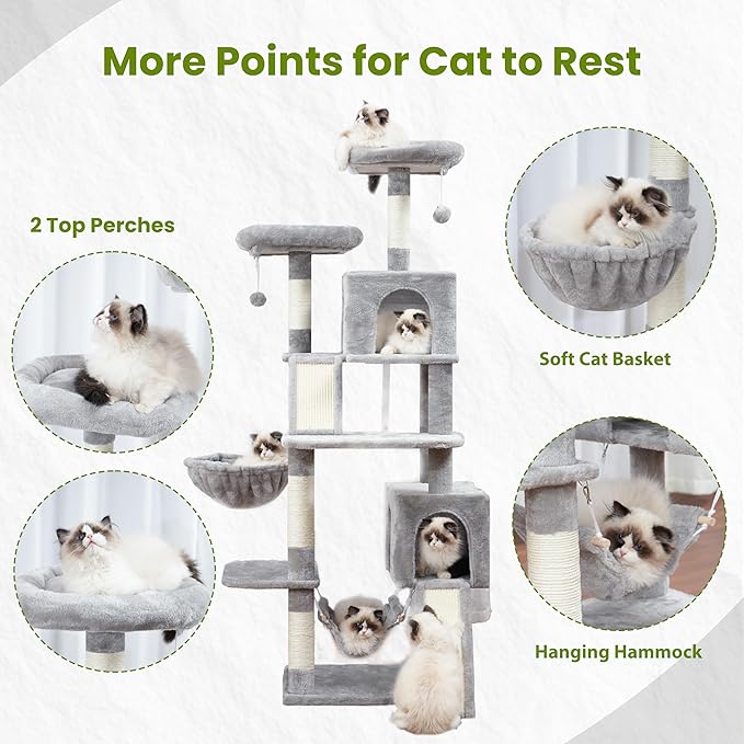 Cat Tree for Indoor Cats, 71'' (180cm) Multi-Level Cat Tower for Large Adult, Sturdy Cat Tree House with 2 Scratching Boards 7 Posts, 2 Plush Perches/Condos, Hammock, Light Gray GCT032W-Mewly Pet