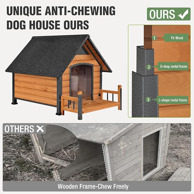 Dog House Outdoor with Anti-Chewing Iron Frame, Weatherproof Dog Kennel with Porch and Raised Feet for Small Medium Large Dogs Indoor (Brown, 45" x 32.9" x 32.6")-Mewly Pet