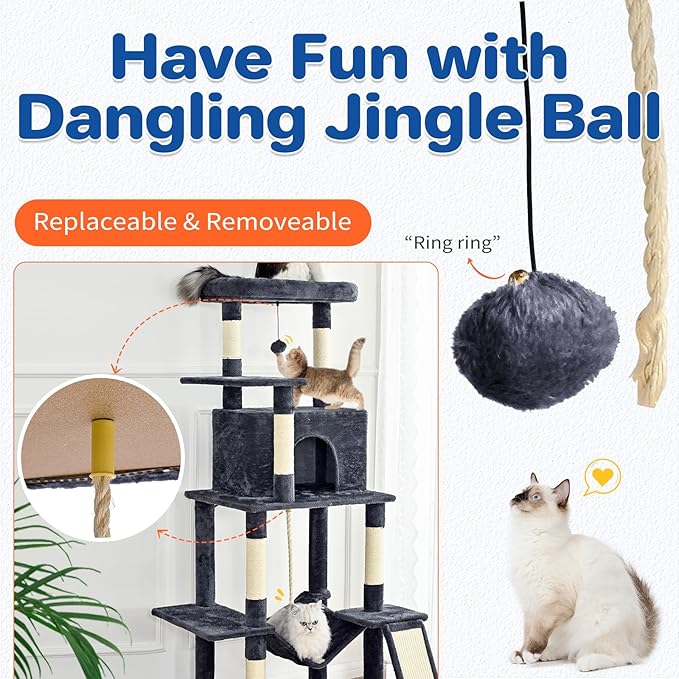 Cat Tree Tower 63in Multi-Level Cat Tower for Indoor Cats with Sisal Scratching Posts, Condo, Hammock, Dangling Ball and Extended Platform for Cats to Play, Dark Grey-Mewly Pet