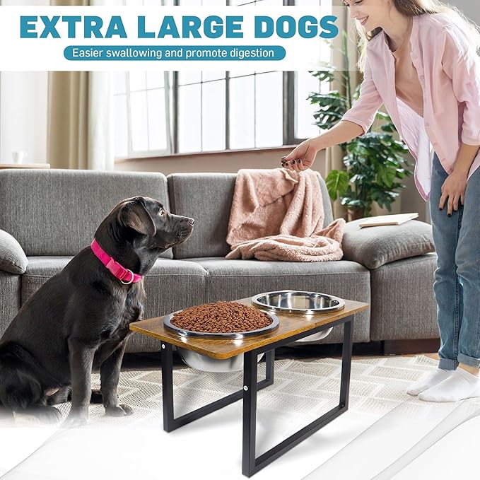 Elevated Dog Bowls for Large & Extra Large Breed Dogs - Raised Dog Feeding Station with Two Stainless Steel Bowls - Helps to Reduce Strain on Dog’s Neck & Joints - 3500 ML Capacity-Mewly Pet