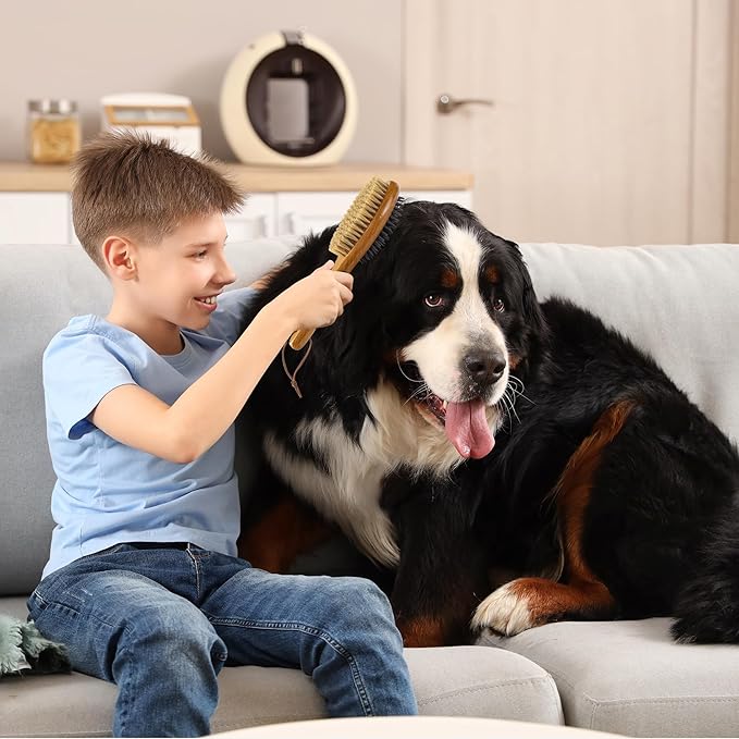 TAKAVU Short Hair Dog & Cat Deshedding Brush - Double Sided Grooming Tool with Silicone Massage & Bristle Sides - Removes Loose Fur & Dirt - Wood Handle-Mewly Pet