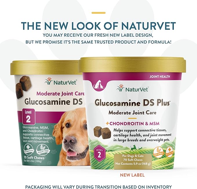 NaturVet – Glucosamine DS Plus - Level 2 Moderate Care – Supports Healthy Hip & Joint Function – Enhanced with Glucosamine, MSM & Chondroitin – for Dogs & Cats–70 Soft Chews-Mewly Pet