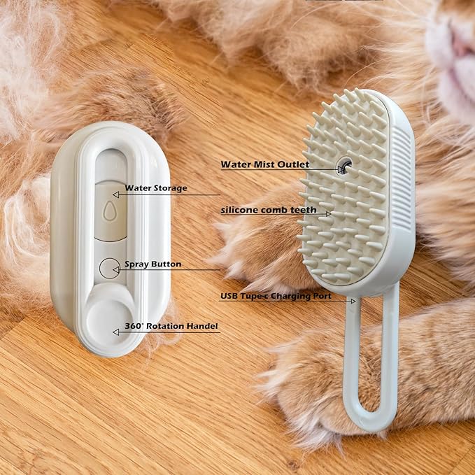 Cat Steam Brushes for Shedding, 4 in 1 Rechargeable Steam Cat Brush for Indoor Cats & Dogs, Grooming Comb with Spray-Mewly Pet