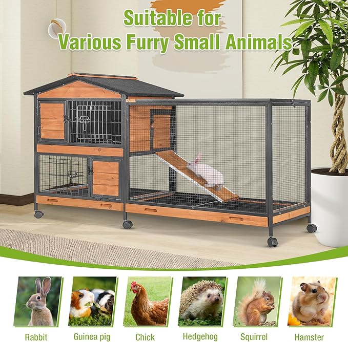 GUTINNEEN 2-Story Rabbit Hutch with Chew-Proof Full Metal Frame for Indoor/Outdoor - 62" Bunny Cage with 6 Locking Casters & 2 Pull-Out Trays for Rabbits, Guinea Pigs, Small Pets (Brown)-Mewly Pet
