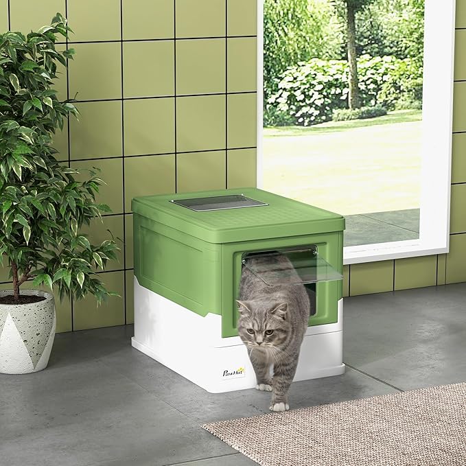 PawHut Fully Enclosed Cat Litter Box with Scoop, Hooded Cat Litter House with Drawer Type Tray, Foldable Smell Proof Potty with Front Entry, Top Exit, Large Space, Yellowish Green-Mewly Pet