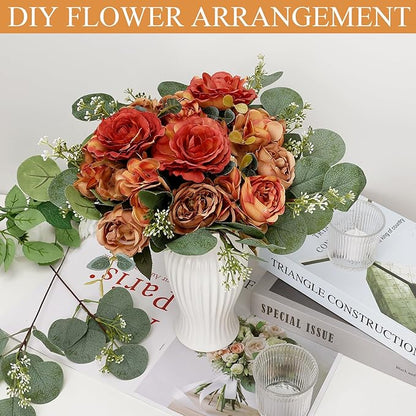 Burnt Orange Peony Artificial Flowers, Fall Faux Peonies Hydrangea Eucalyptus Bouquet 12 Packs Silk Vintage Realistic Peony Floral Arrangement for Wedding Centerpiece Table Vase Autumn Decor