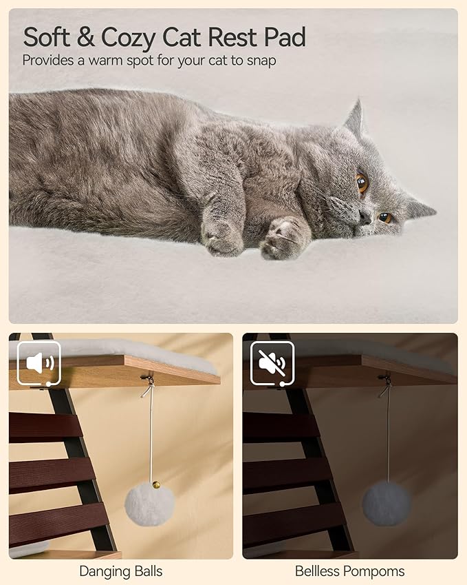 FourFurPets 72.4" Cat Tree, Modern Cat Tower for Indoor Cats, Multi-Level Cat Condo with Caves, Tall Cat Tree with Cat Scratching Board, Wooden Cat Tower with Large Perch, Removable Pads, Camel Brown-Mewly Pet