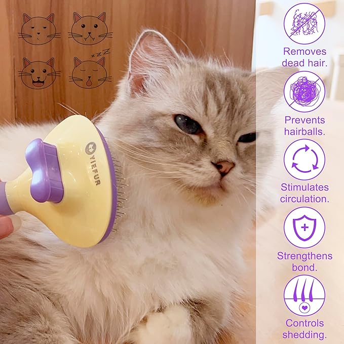 Cat Brush for Grooming and Shedding, Self-Cleaning Silicone Brush for Short and Long Haired Cats, Cat Gifts for Pet Lovers (purple)-Mewly Pet