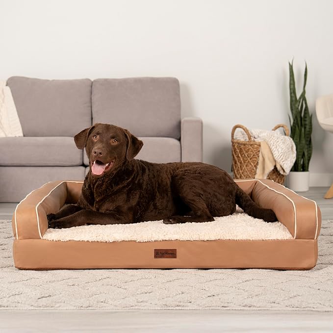 FurHaven Orthopedic Dog Sofa Bed – Memory Foam Couch with Bolsters, Textured Plush & Water-Resistant Cover, Washable Cover, Joint Support - Camel, Jumbo-Mewly Pet
