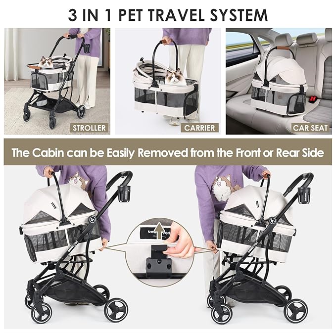 T3 Foldable Pet Stroller for Small Dogs & Cats – 3-in-1 Lightweight Design, 180° Canopy & Detachable Carrier (Beige)-Mewly Pet