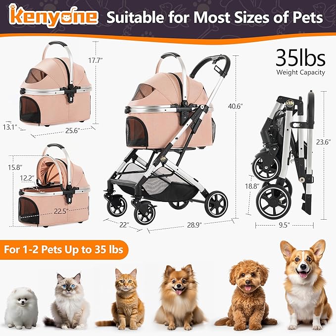 Kenyone 3-in-1 Pet Stroller for Small Medium Dogs Puppy Cat Stroller with Detachable Carrier & Pad Lightweight Foldable Aluminum Alloy Frame Dual No-Zip Entry(Pink)-Mewly Pet