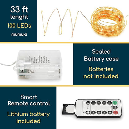 MUMUXI 2 Pack 33ft 100 LED Fairy Lights with Timer, Ourdoor Battery-Powered Twinkle and Remote Control, Christmas String Lights, Warm White Waterproof Decorative Lighting for Holidays and Events