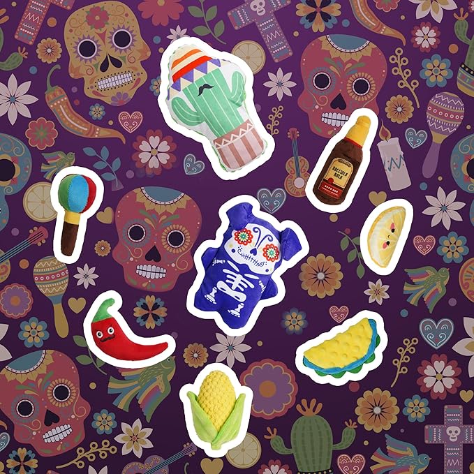 Nocciola Mexican Style Squeaky Dog Toys, Cute Soft Plush Stuffed Crinkle Chew Puppy Toys for Small Medium Breed, 8 Packs-Mewly Pet