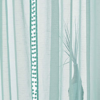 Treatmentex Pompom Sheer Curtains for Kids-Room 72" Aqua-Blue Slub Textured Window Sheer Panels for Bedroom Living Room 52" Wide, 2 Panels Rod Pocket
