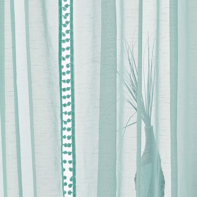 Treatmentex Pompom Sheer Curtain Panels 84inch Long Living Room Bedroom Window Curtain Drapes for School, Kindergarten 52" Width Each Panel. 1 Pair Rod Pocket Aqua