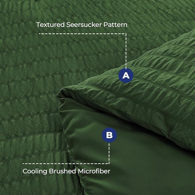 HYMOKEGE Dark Green King Size Comforter Set Seersucker 7 Pieces, All Season Luxury Bed in a Bag for Bedroom, Bedding Set with Comforters, Sheets, Pillowcases & Shams