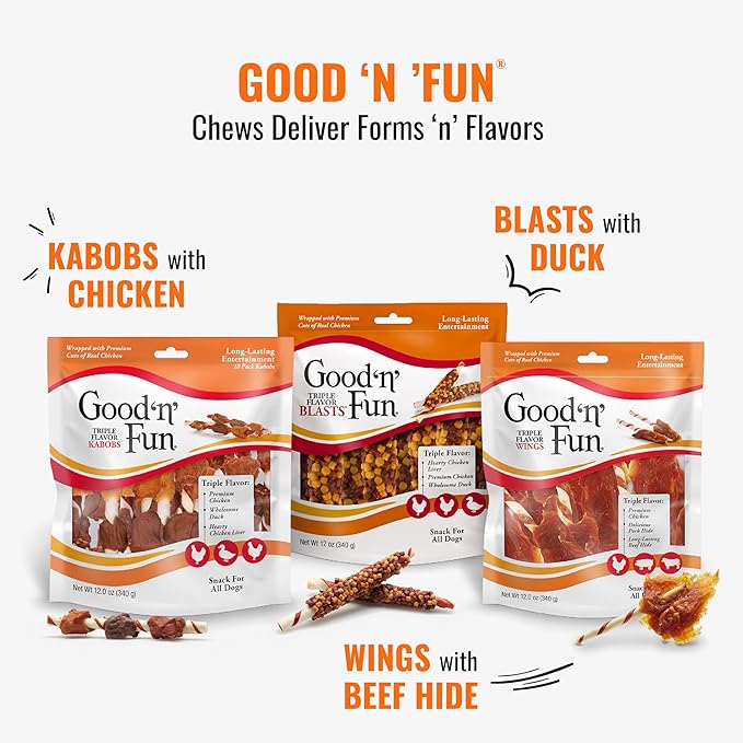 Good ‘n’ Fun Triple Flavor Kabobs Chews for All Dogs, 24 Ounces, Treat Your Dog to Chews Made from Beef Hide, Real Chicken, Pork Hide, Duck and Chicken Liver-Mewly Pet