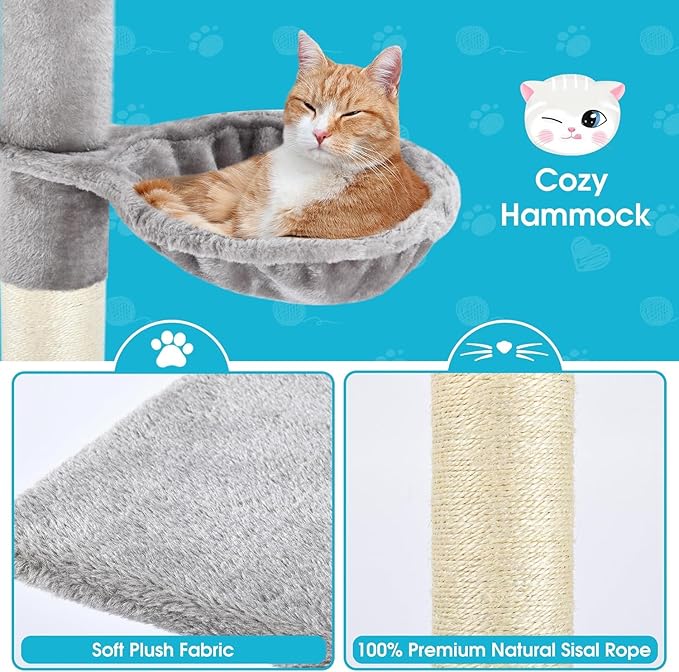 Cat Tree 5-Tier Floor to Ceiling, 89-109 Inch Adjustable Height Cat Tower with Cozy Hammock, Cat Climbing Tree for Indoor Cats, Gery-Mewly Pet