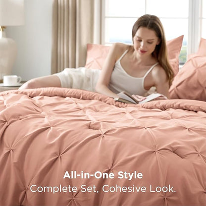 Bedsure King Size Comforter Set Dusty Pink - Bed in a Bag Bedding Set 7 Pieces, GentleSoft™ Pintuck Bed Set Gift for Family, Pinch Pleat Dusty Pink Comforter with Sheets, Pillowcases & Shams