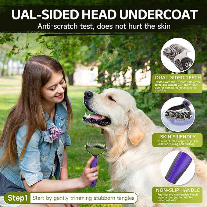 Dog Brush Kit – 3 PCS Grooming Set with Self-Cleaning Brush, Undercoat Rake & Pet Bath Brush. Great for Shedding, Tangles & Dirt Removal – Ideal for Long & Short Haired Dogs & Cats, Green-Mewly Pet