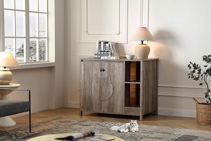 Cat-Faced Doors Cat Litter Robot Enclosure,Automatic Litter Box Enclosure for Litter Robot 3/4,Power Outlet for Litter Robot Cabinet,Litter Collector,Dog-Proof Adjustable Shelf,Grey-Mewly Pet