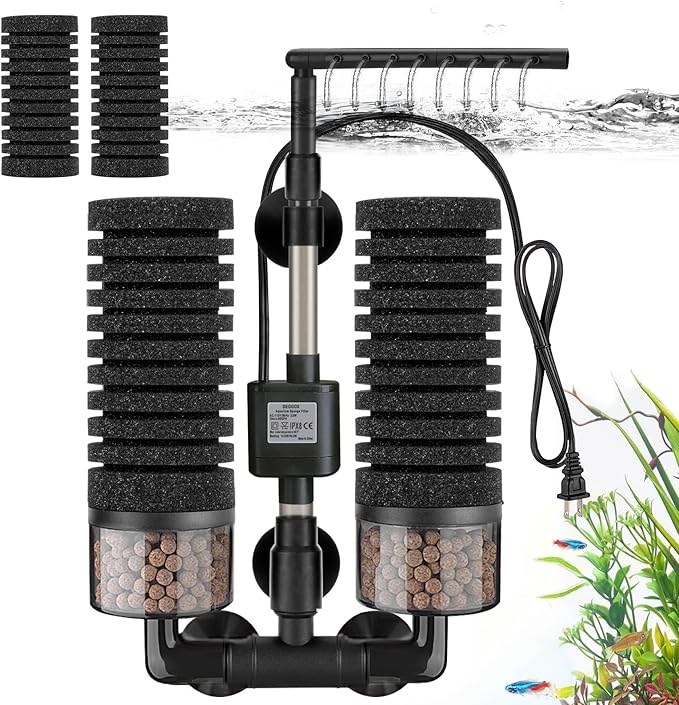 Upgrade Aquarium Electric Power Sponge Filter with Submersible Pump ，Ultra-Quiet Motor with Bio Ceramic Media Balls and 2 Spare Sponge (L for 20-55 Gal)-Mewly Pet