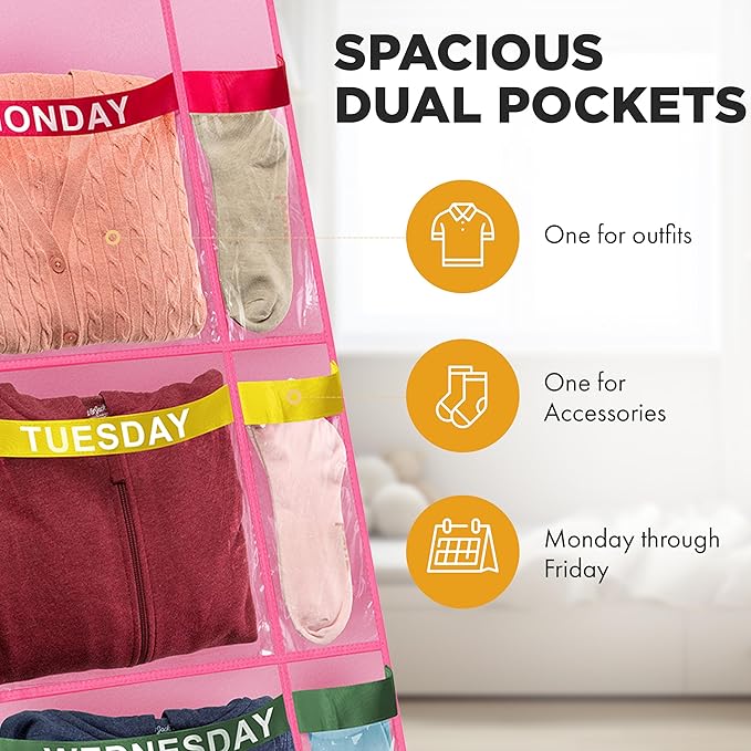 Over the Door Weekly Clothes Organizer - 5 Shelf Hanging Closet Storage with Day of the Week Labels - Weekly Clothes Organizer For Kids - Space-Saving Over Door or Wall Hanging Organizer (Pink)