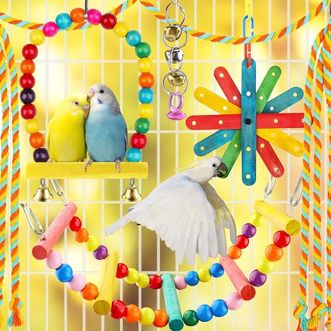 8 pcs Bird Toys for Parakeets with Colorful Ladder Hammock Bird Cage Accessories Bird Perch Stand Chewing Toys Hanging Bell Parrot-Mewly Pet