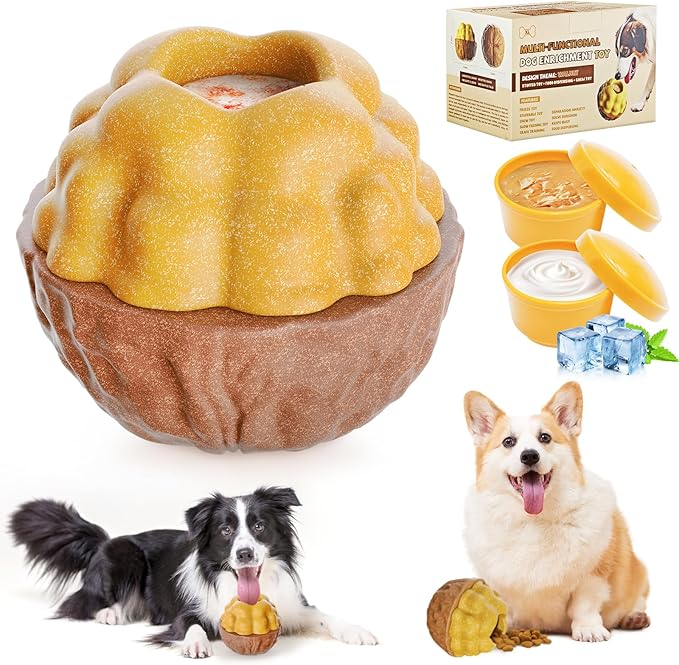 Dog Frozen Treats Toy, Cognitive Dogs Brain Stimulation Toys for Aggressive Chewers, Interactive Dispensing Toy Enrichment Keep Them Busy No-Boredom, Tough Nylon&Coffe Wood Fillable Puzzle Dog Feeder-Mewly Pet
