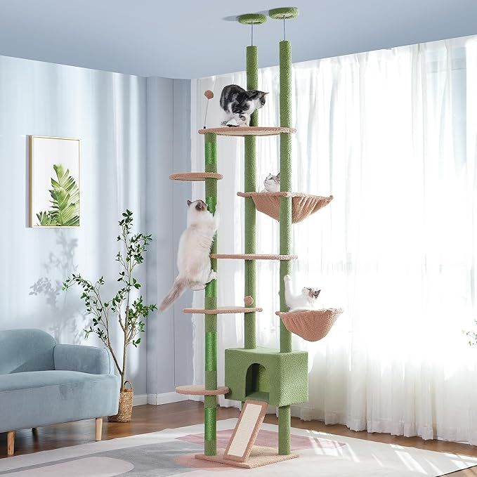 Floor to Ceiling Cat Tree Tall Cat Tower with Adjustable Height (81.8-108 Inches) with Fully Scratching Post Private Condo and Hammock for Indoor Cats (Green, Triple Dule Posts)-Mewly Pet